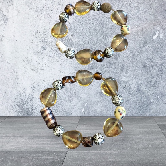 Boho Amber/Brown/Silver Chunky Beaded Stretch Bracelet - Picture 9 of 15